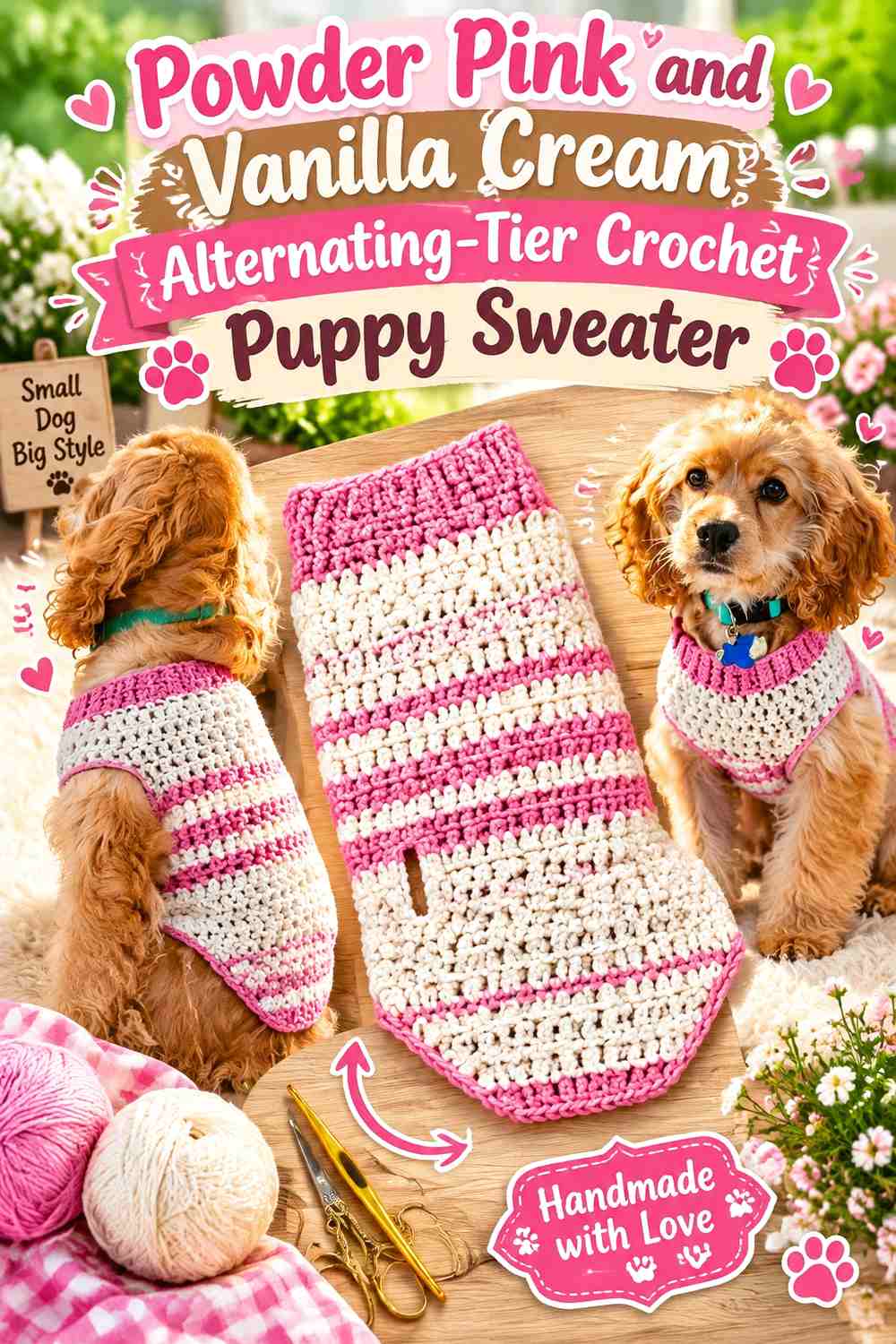 Powder Pink and Vanilla Cream Alternating-Tier Crochet Puppy Sweater