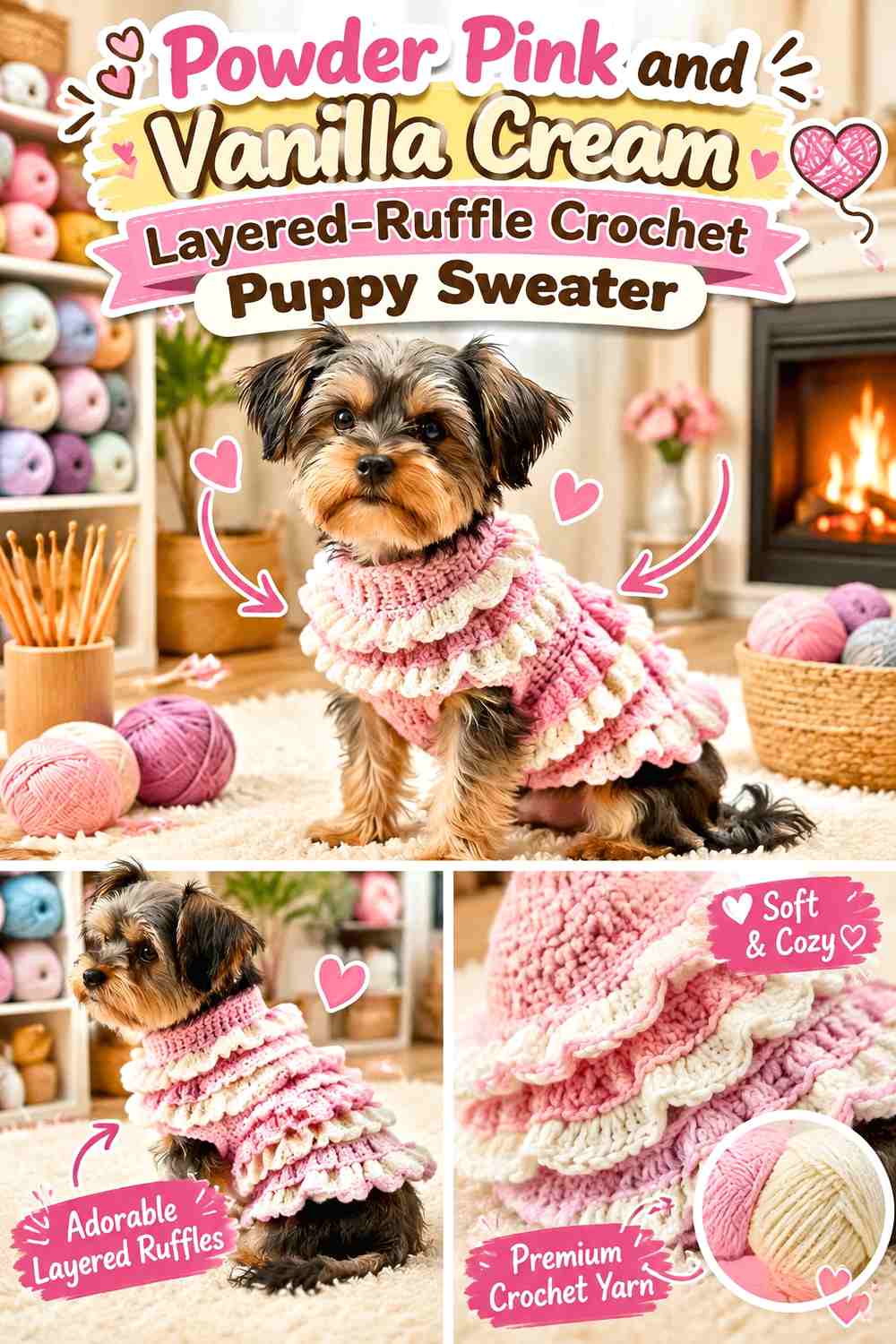 Powder Pink and Vanilla Cream Layered-Ruffle Crochet Puppy Sweater
