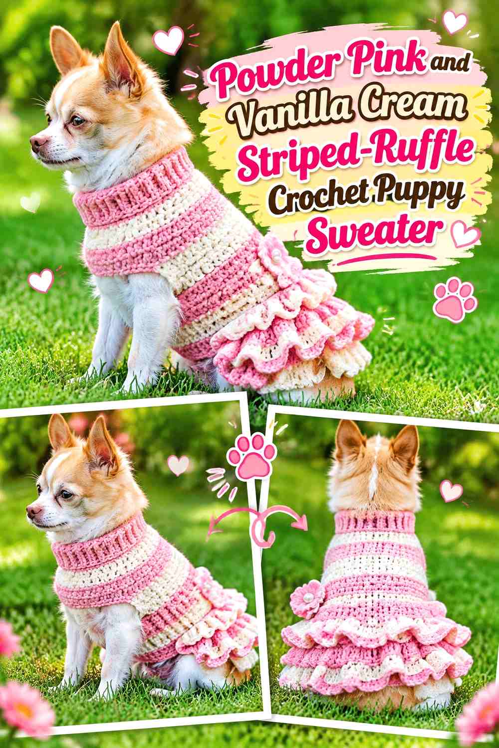 Powder Pink and Vanilla Cream Striped-Ruffle Crochet Puppy Sweater