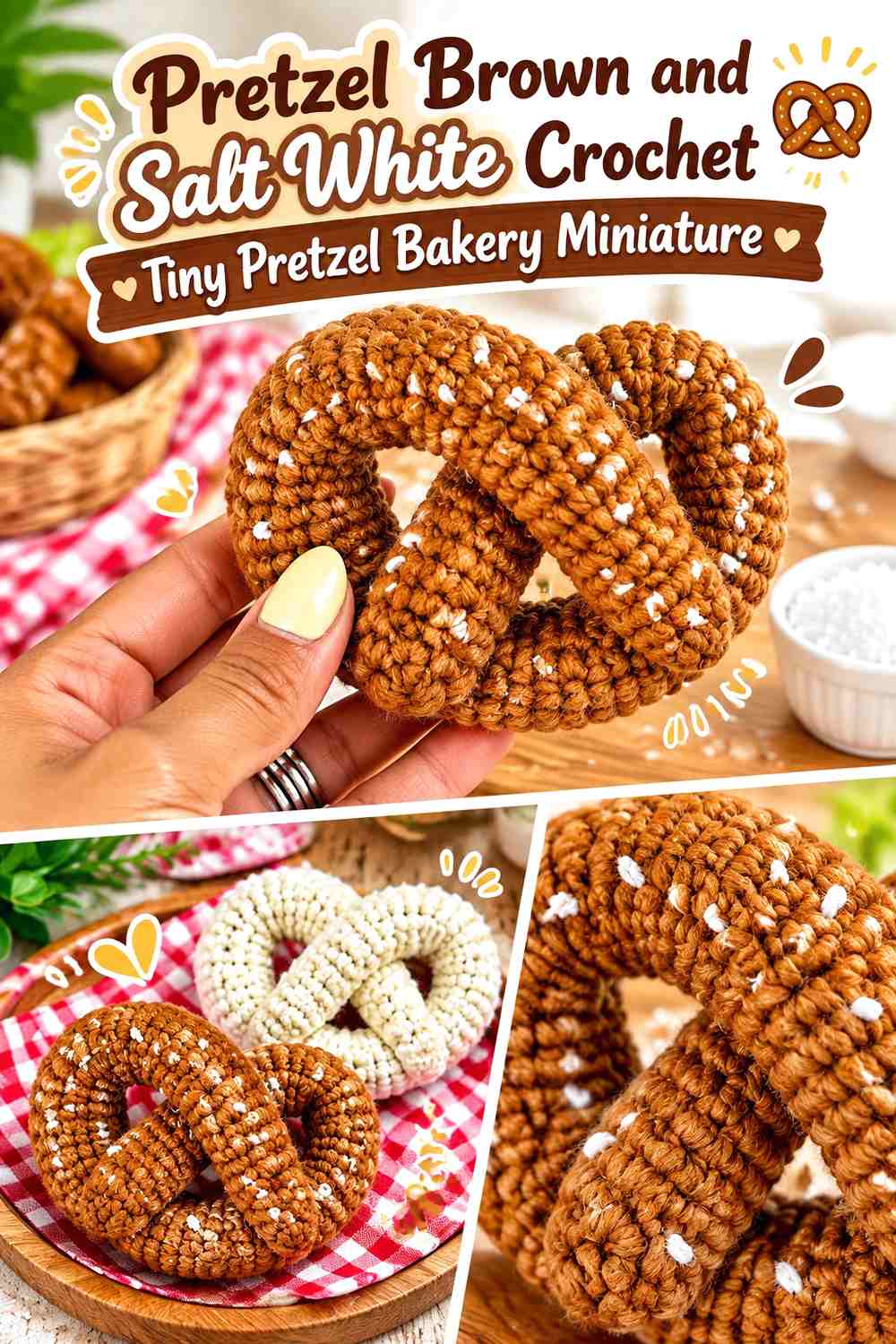 Pretzel Brown and Salt White Crochet Tiny Pretzel Bakery Miniature