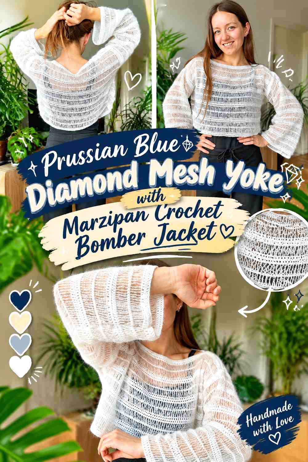 Prussian Blue Diamond Mesh Yoke with Marzipan Crochet Bomber Jacket