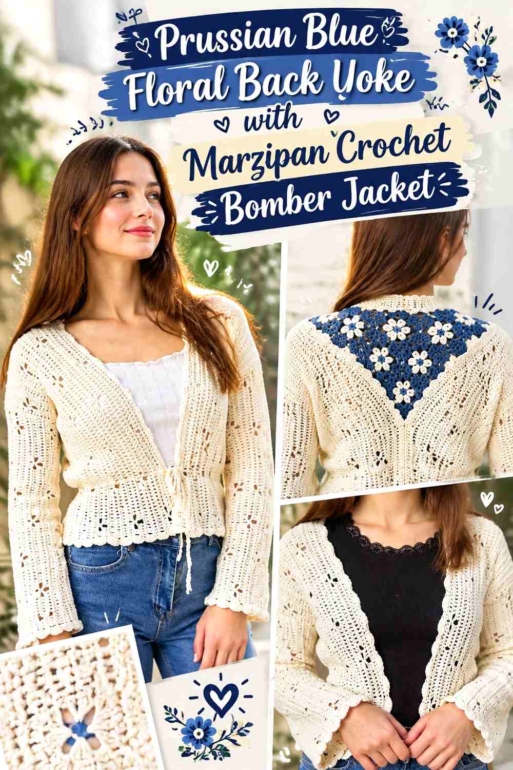 Prussian Blue Floral Back Yoke with Marzipan Crochet Bomber Jacket