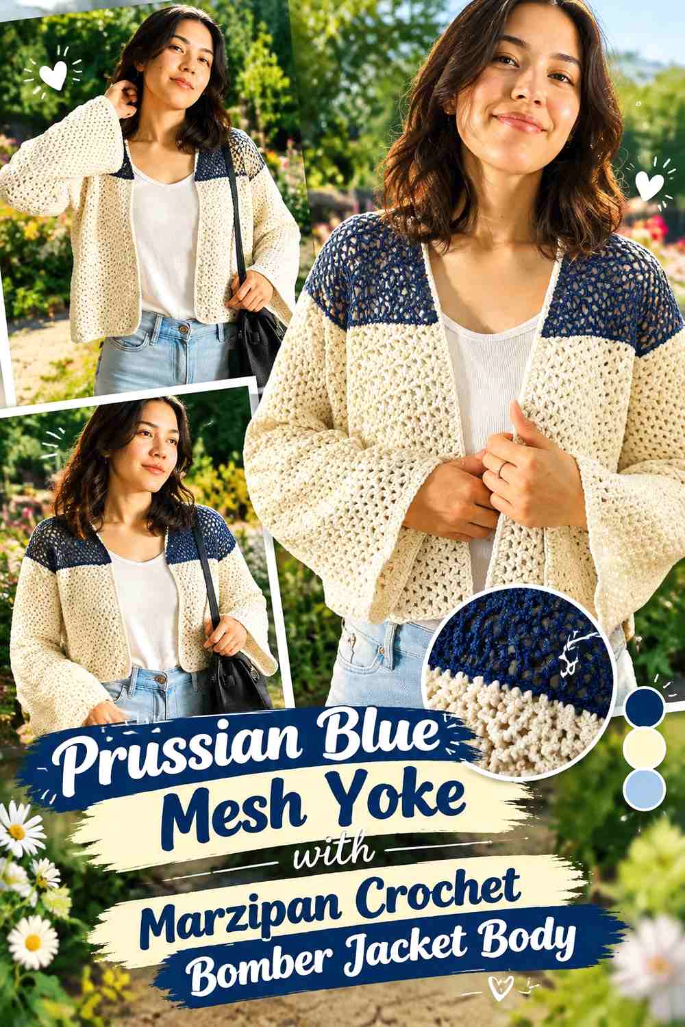 Prussian Blue Mesh Yoke with Marzipan Crochet Bomber Jacket Body