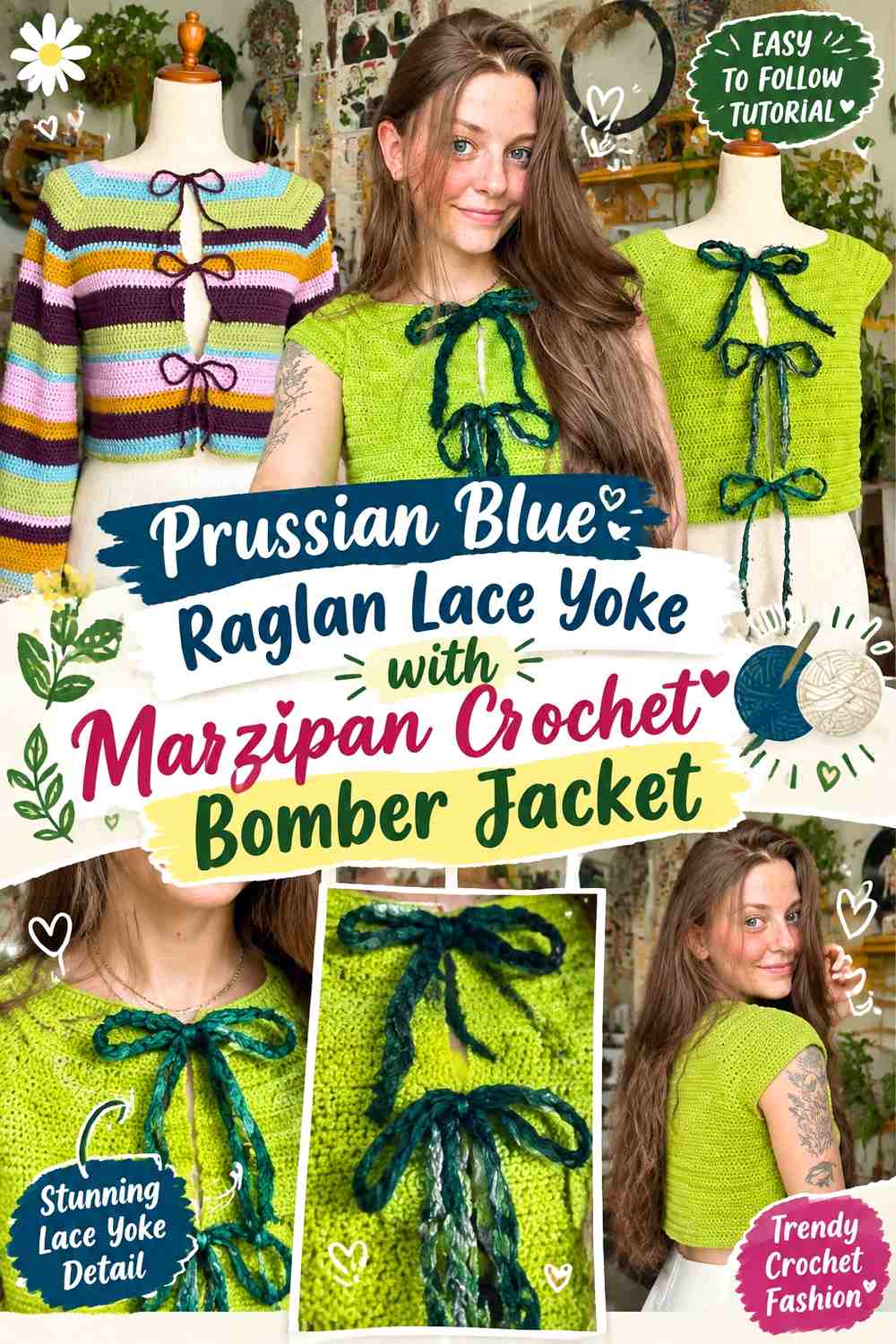 Prussian Blue Raglan Lace Yoke with Marzipan Crochet Bomber Jacket