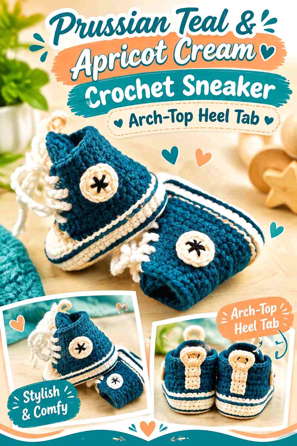Prussian Teal & Apricot Cream Crochet Sneaker Arch-Top Heel Tab