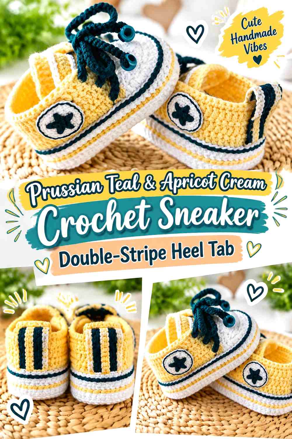 Prussian Teal & Apricot Cream Crochet Sneaker Double-Stripe Heel Tab