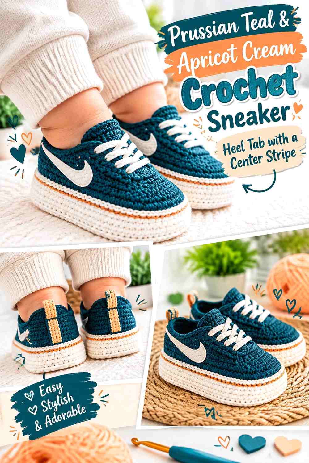 Prussian Teal & Apricot Cream Crochet Sneaker Heel Tab with a Center Stripe