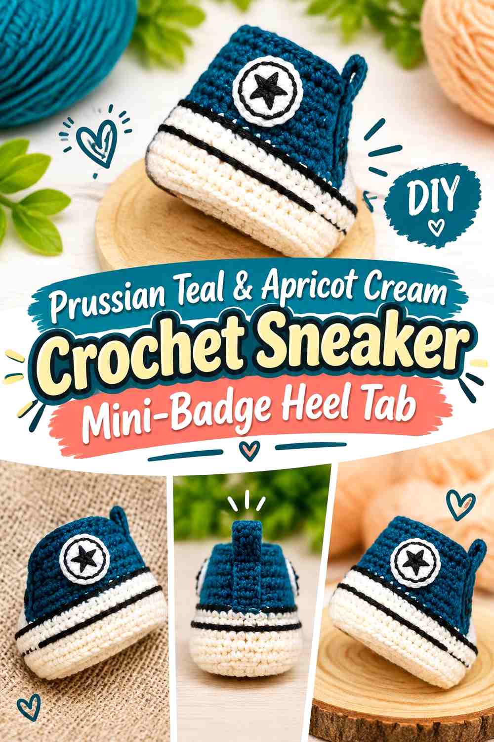 Prussian Teal & Apricot Cream Crochet Sneaker Mini-Badge Heel Tab