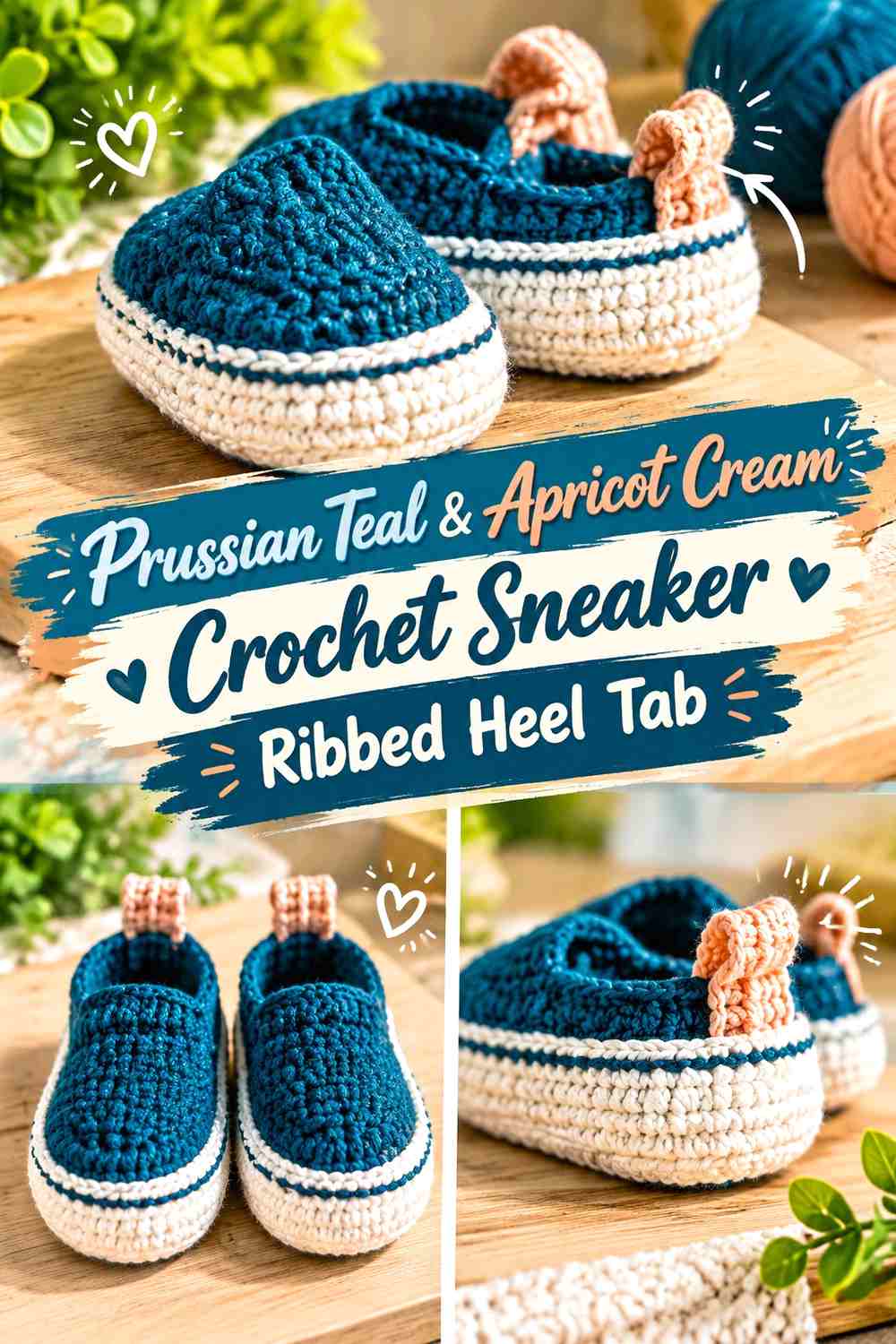 Prussian Teal & Apricot Cream Crochet Sneaker Ribbed Heel Tab