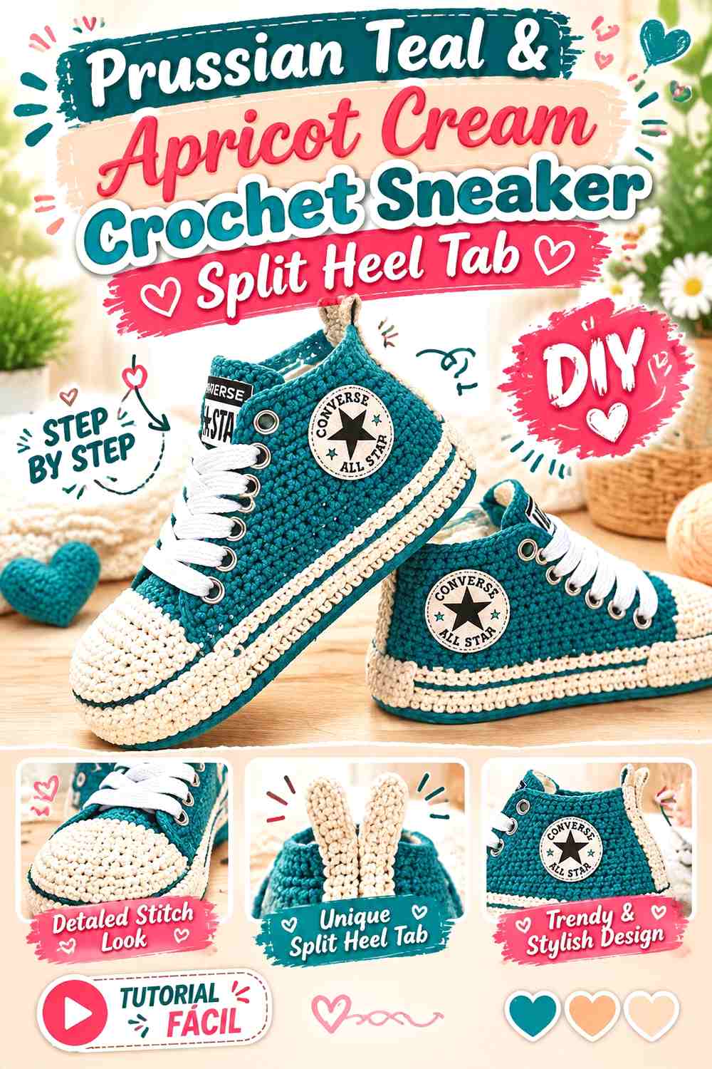 Prussian Teal & Apricot Cream Crochet Sneaker Split Heel Tab