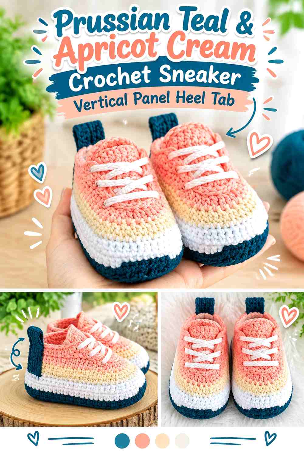 Prussian Teal & Apricot Cream Crochet Sneaker Vertical Panel Heel Tab