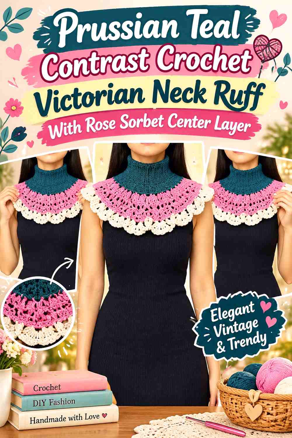 Prussian Teal Contrast Crochet Victorian Neck Ruff With Rose Sorbet Center Layer