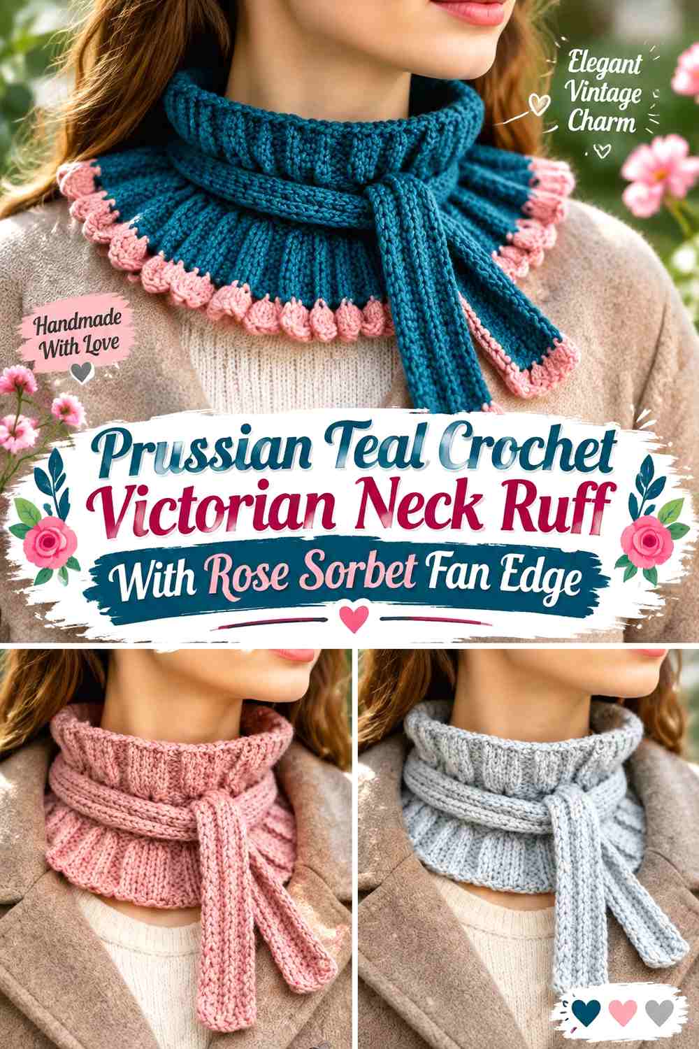 Prussian Teal Crochet Victorian Neck Ruff With Rose Sorbet Fan Edge
