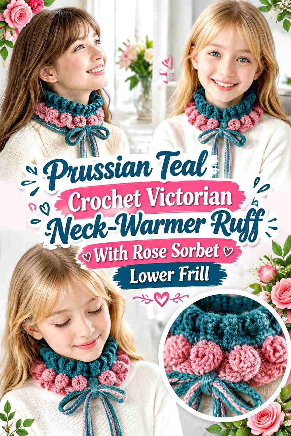 Prussian Teal Crochet Victorian Neck-Warmer Ruff With Rose Sorbet Lower Frill