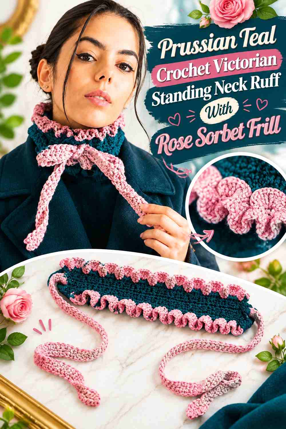 Prussian Teal Crochet Victorian Standing Neck Ruff With Rose Sorbet Frill