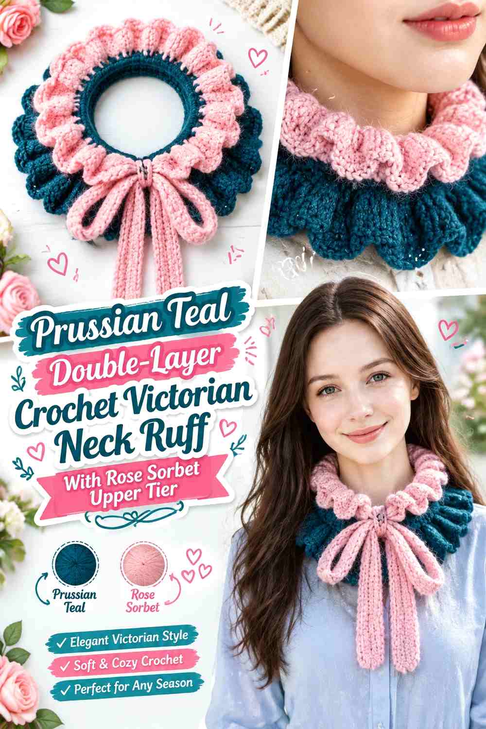 Prussian Teal Double-Layer Crochet Victorian Neck Ruff With Rose Sorbet Upper Tier