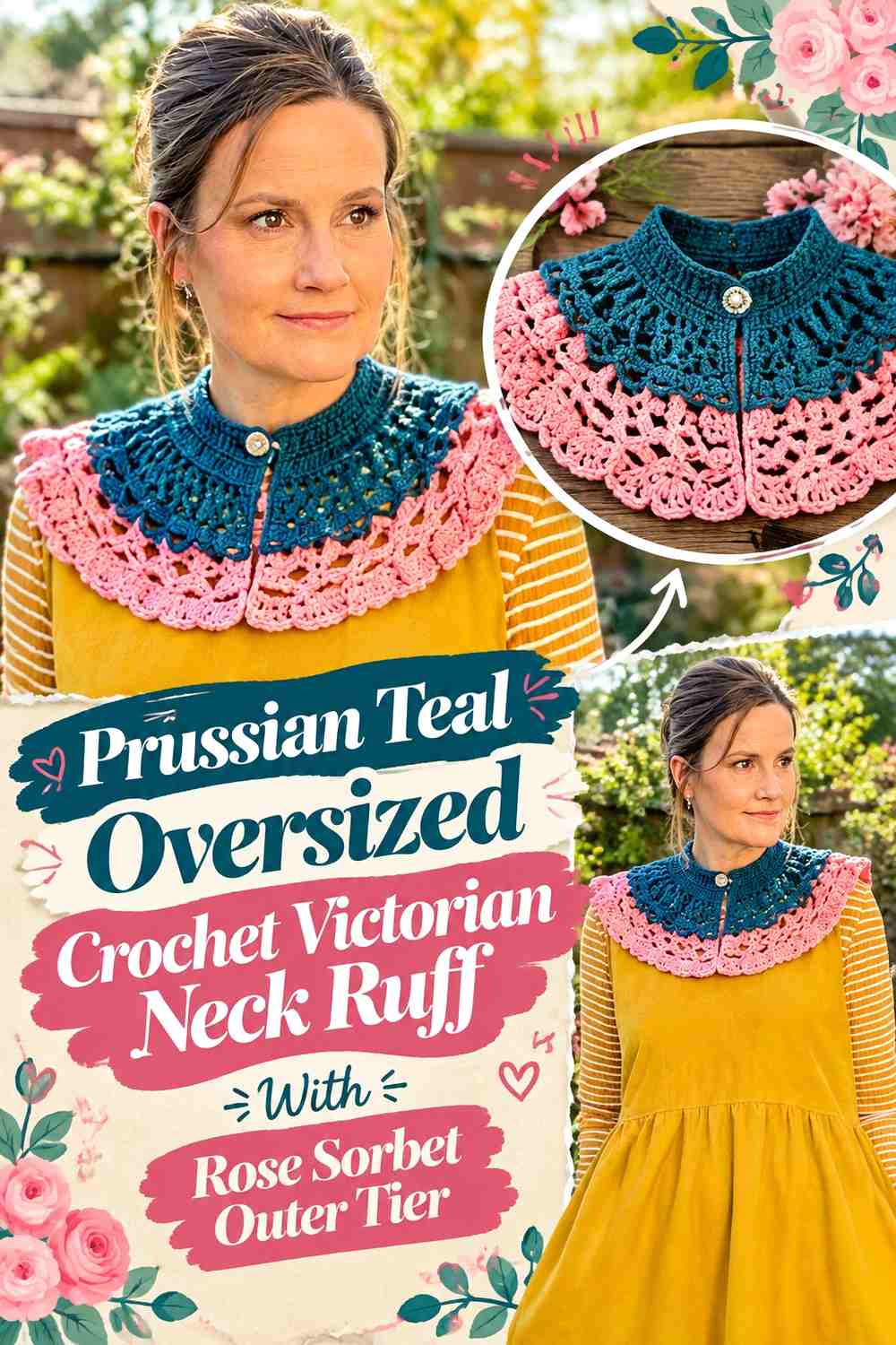 Prussian Teal Oversized Crochet Victorian Neck Ruff With Rose Sorbet Outer Tier