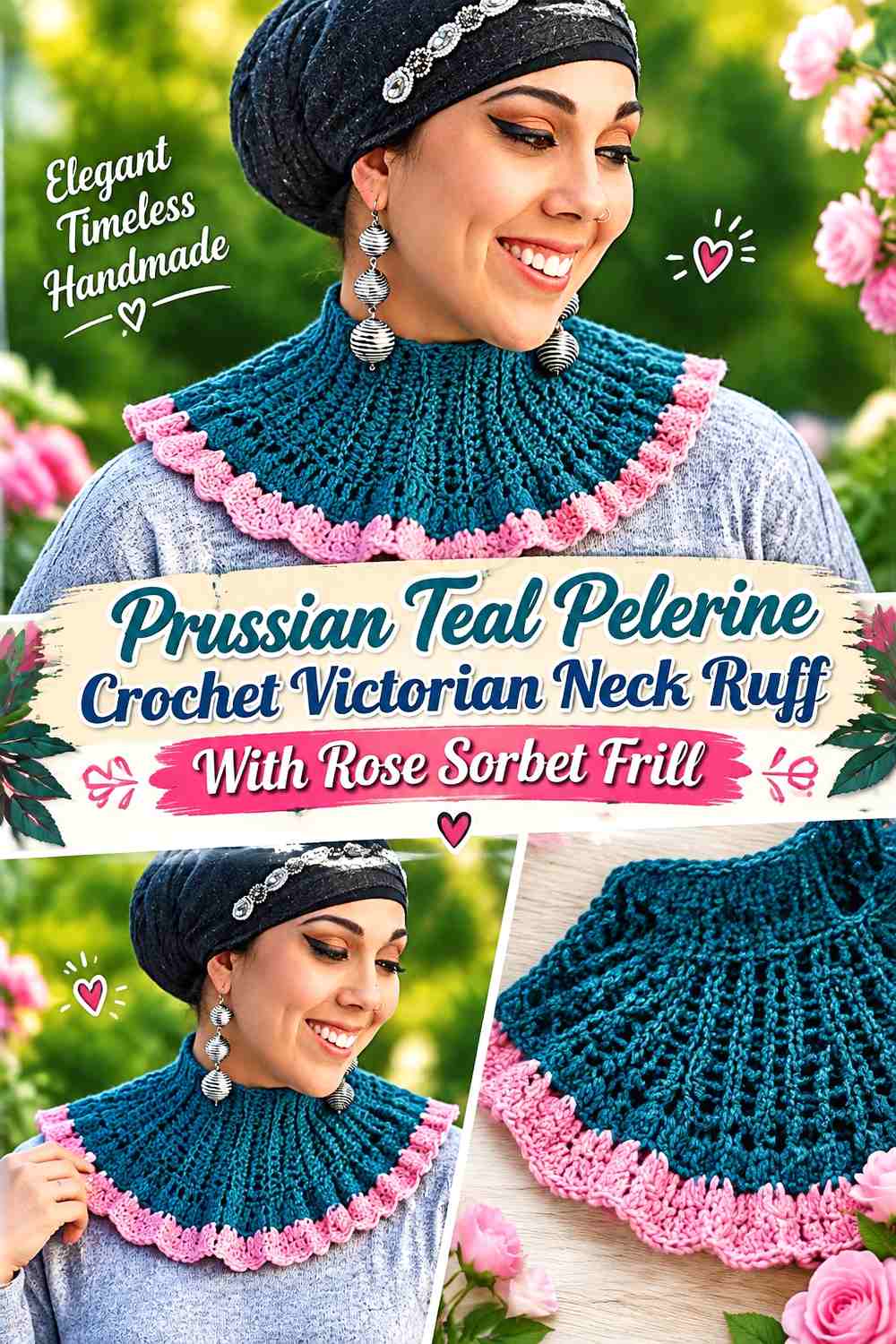 Prussian Teal Pelerine Crochet Victorian Neck Ruff With Rose Sorbet Frill