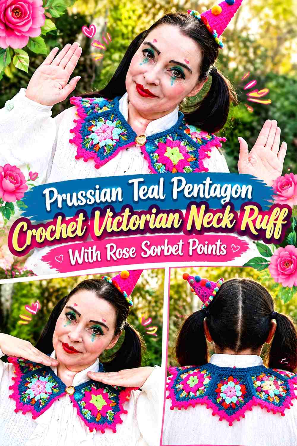 Prussian Teal Pentagon Crochet Victorian Neck Ruff With Rose Sorbet Points