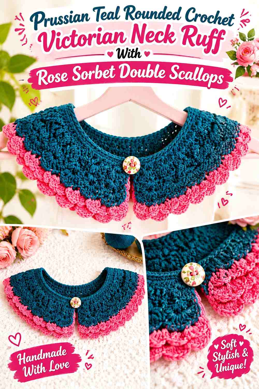 Prussian Teal Rounded Crochet Victorian Neck Ruff With Rose Sorbet Double Scallops