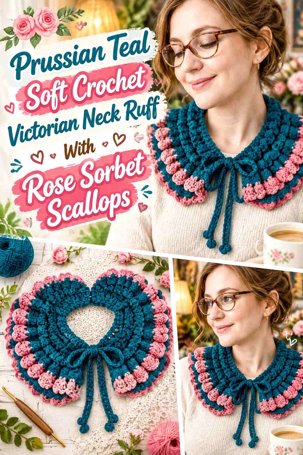 Prussian Teal Soft Crochet Victorian Neck Ruff With Rose Sorbet Scallops