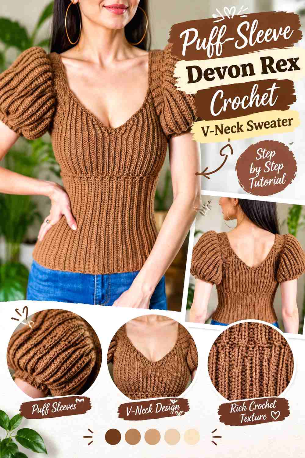 Puff-Sleeve Devon Rex Crochet V-Neck Sweater