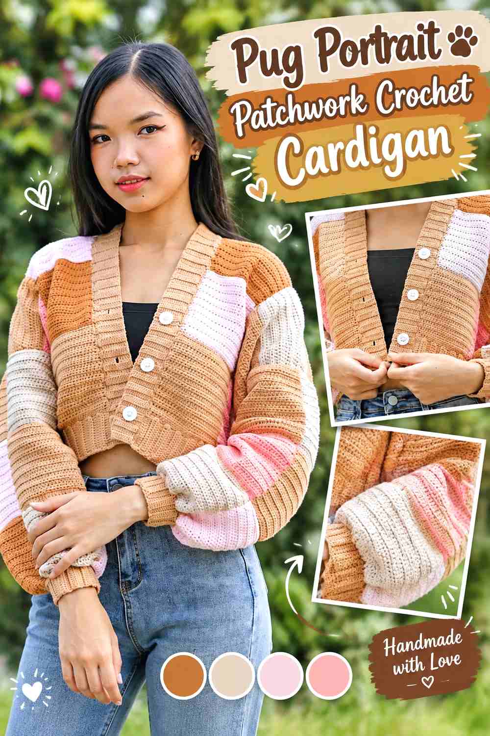 Pug Portrait Patchwork Crochet Cardigan