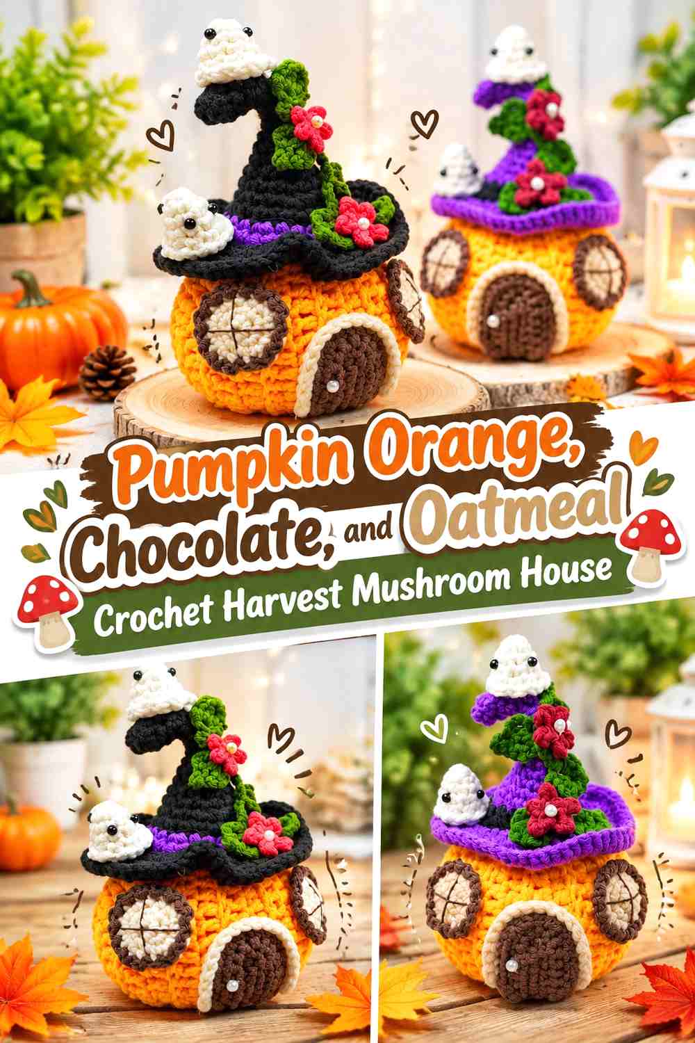 Pumpkin Orange, Chocolate, and Oatmeal Crochet Harvest Mushroom House
