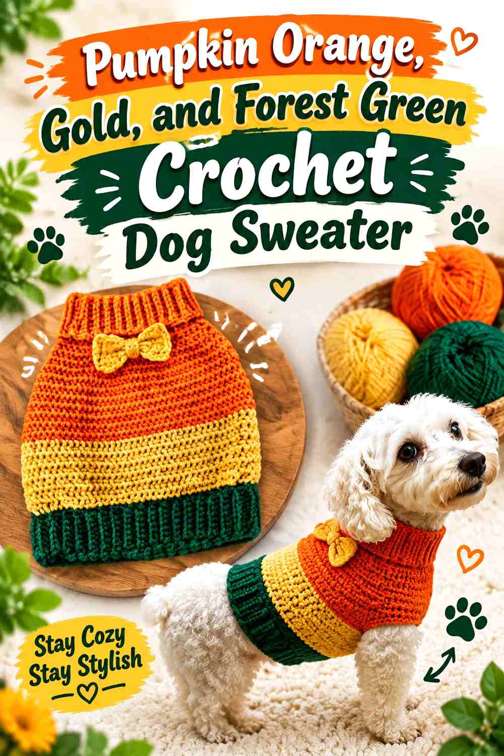 Pumpkin Orange, Gold, and Forest Green Crochet Dog Sweater