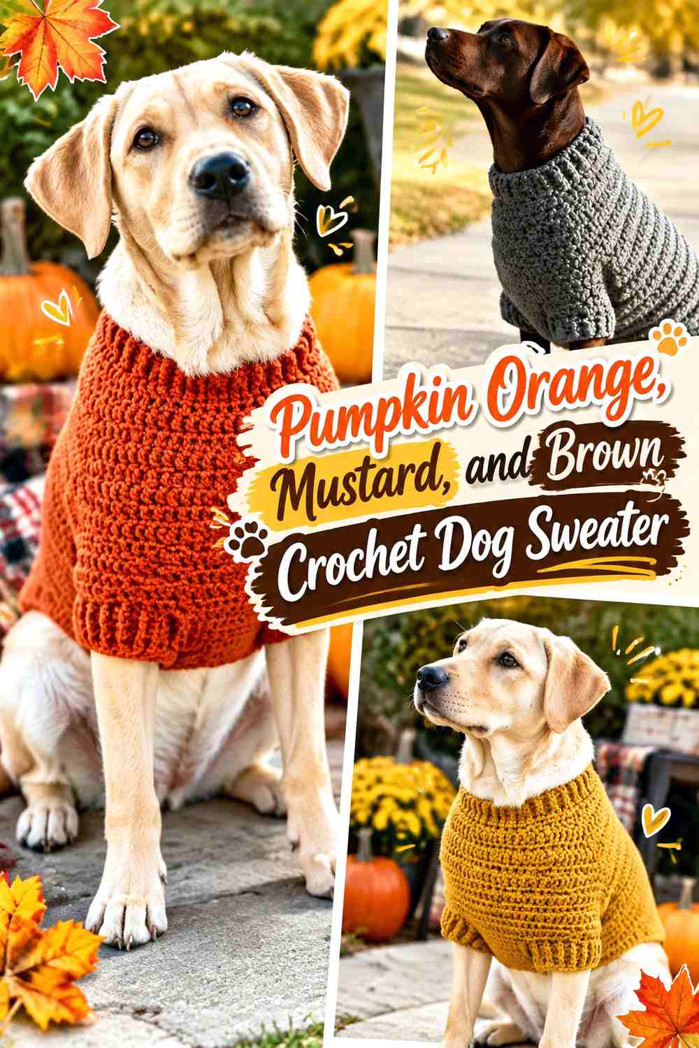 Pumpkin Orange, Mustard, and Brown Crochet Dog Sweater