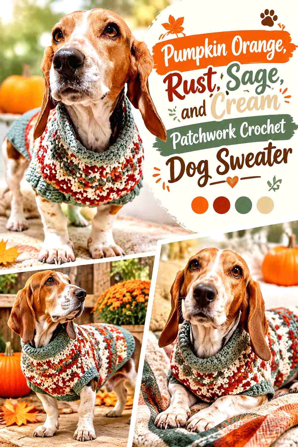 Pumpkin Orange, Rust, Sage, and Cream Patchwork Crochet Dog Sweater