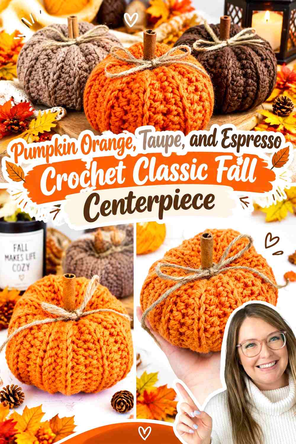 Pumpkin Orange, Taupe, and Espresso Crochet Classic Fall Centerpiece