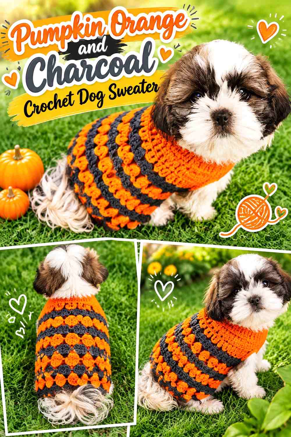 Pumpkin Orange and Charcoal Crochet Dog Sweater