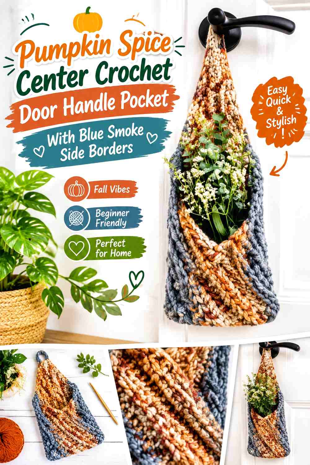Pumpkin Spice Center Crochet Door Handle Pocket With Blue Smoke Side Borders