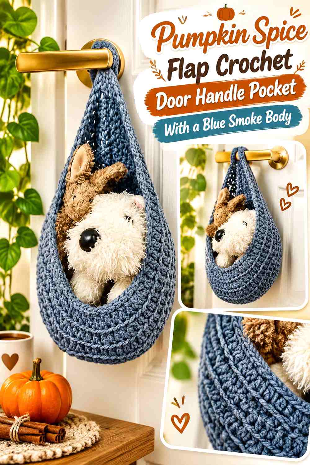 Pumpkin Spice Flap Crochet Door Handle Pocket With a Blue Smoke Body