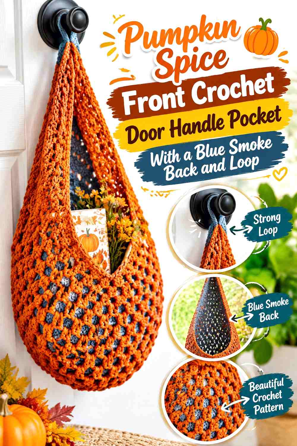 Pumpkin Spice Front Crochet Door Handle Pocket With a Blue Smoke Back and Loop