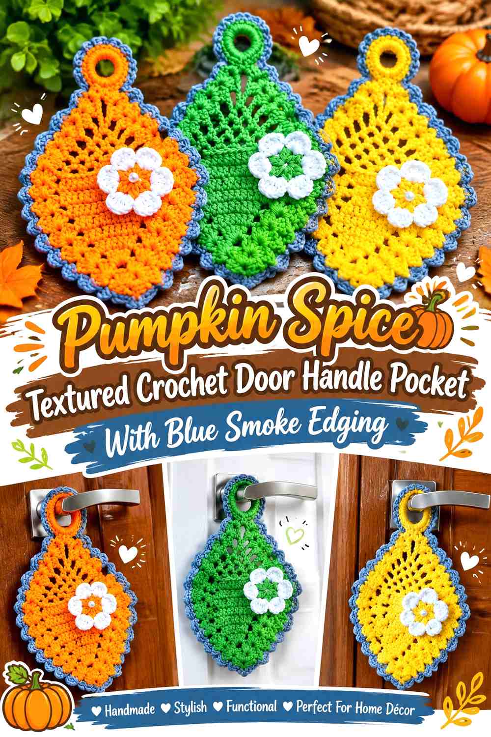 Pumpkin Spice Textured Crochet Door Handle Pocket With Blue Smoke Edging