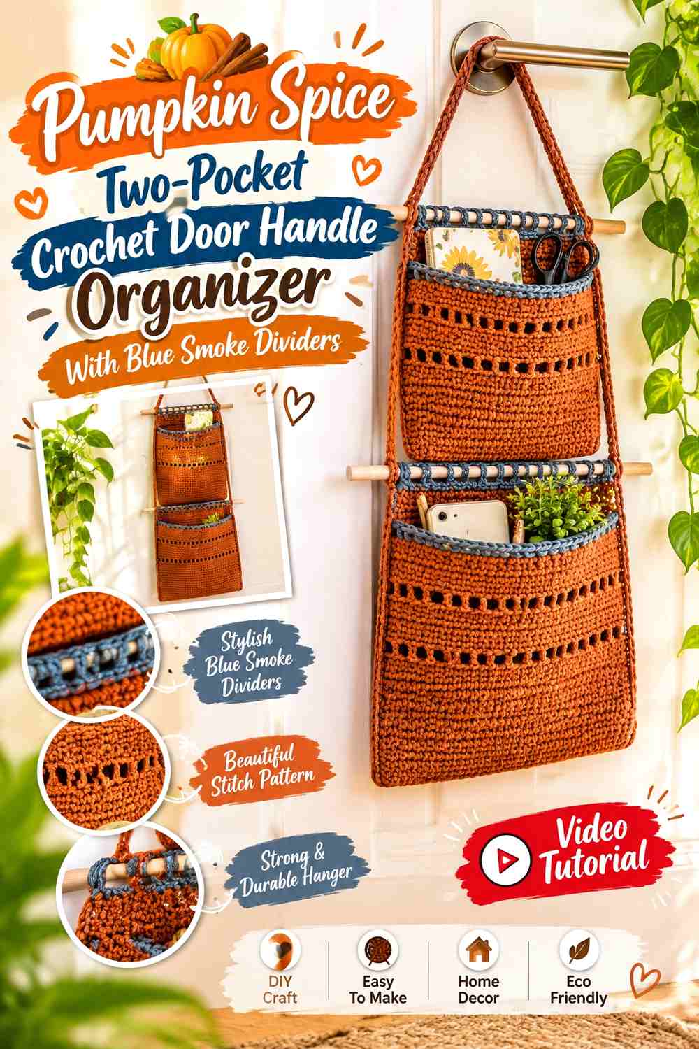 Pumpkin Spice Two-Pocket Crochet Door Handle Organizer With Blue Smoke Dividers