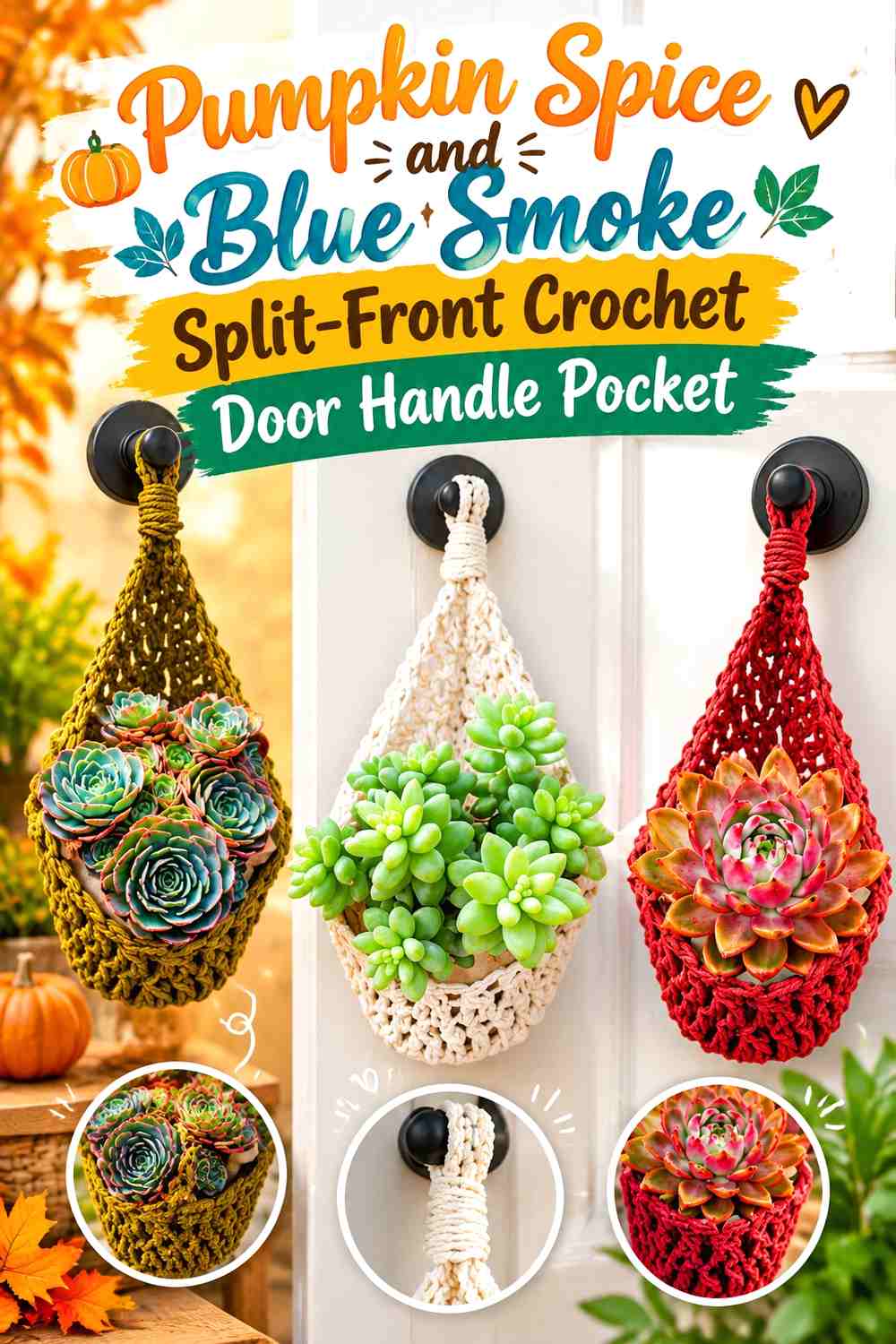 Pumpkin Spice and Blue Smoke Split-Front Crochet Door Handle Pocket