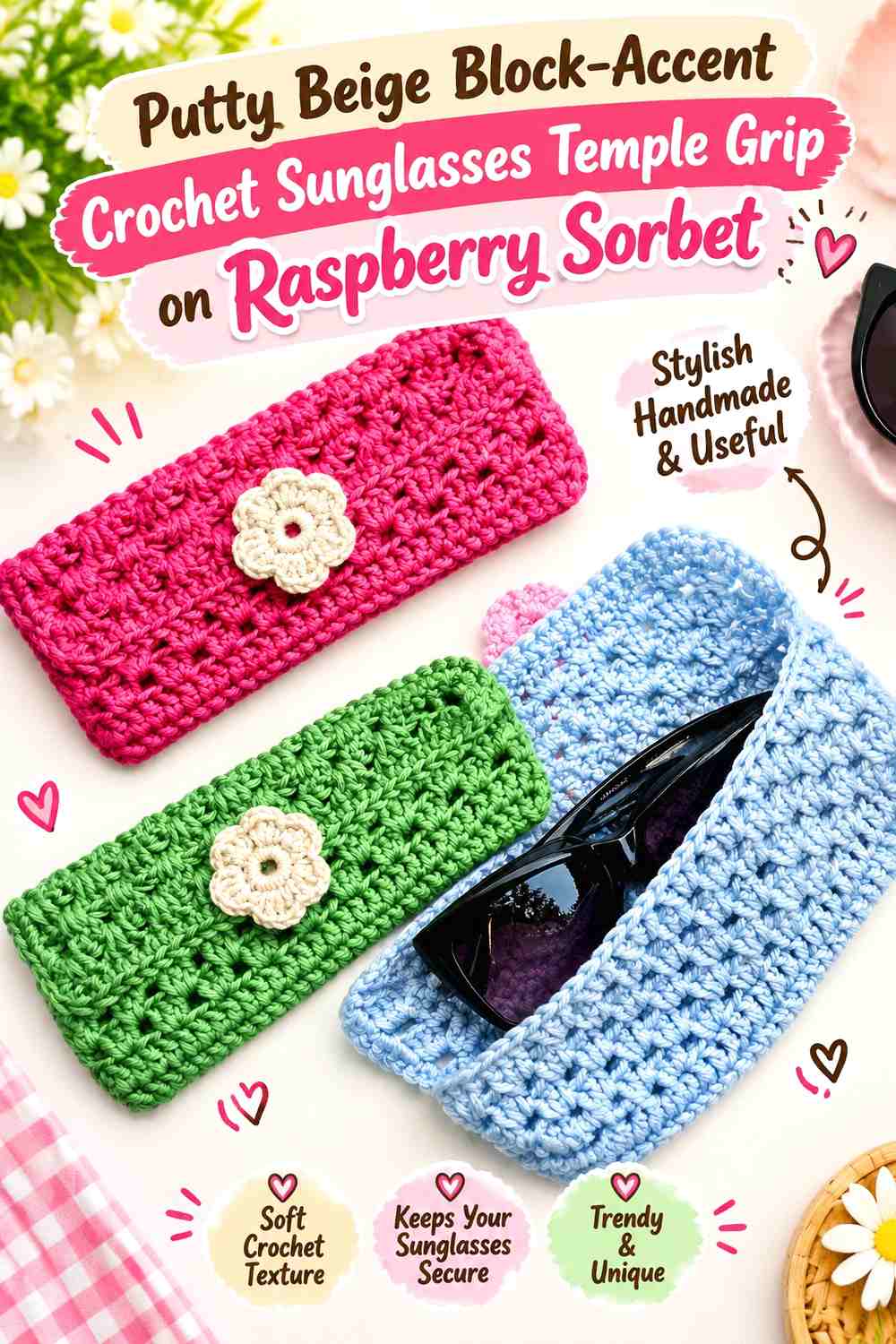 Putty Beige Block Accent Crochet Sunglasses Temple Grip on Raspberry Sorbet