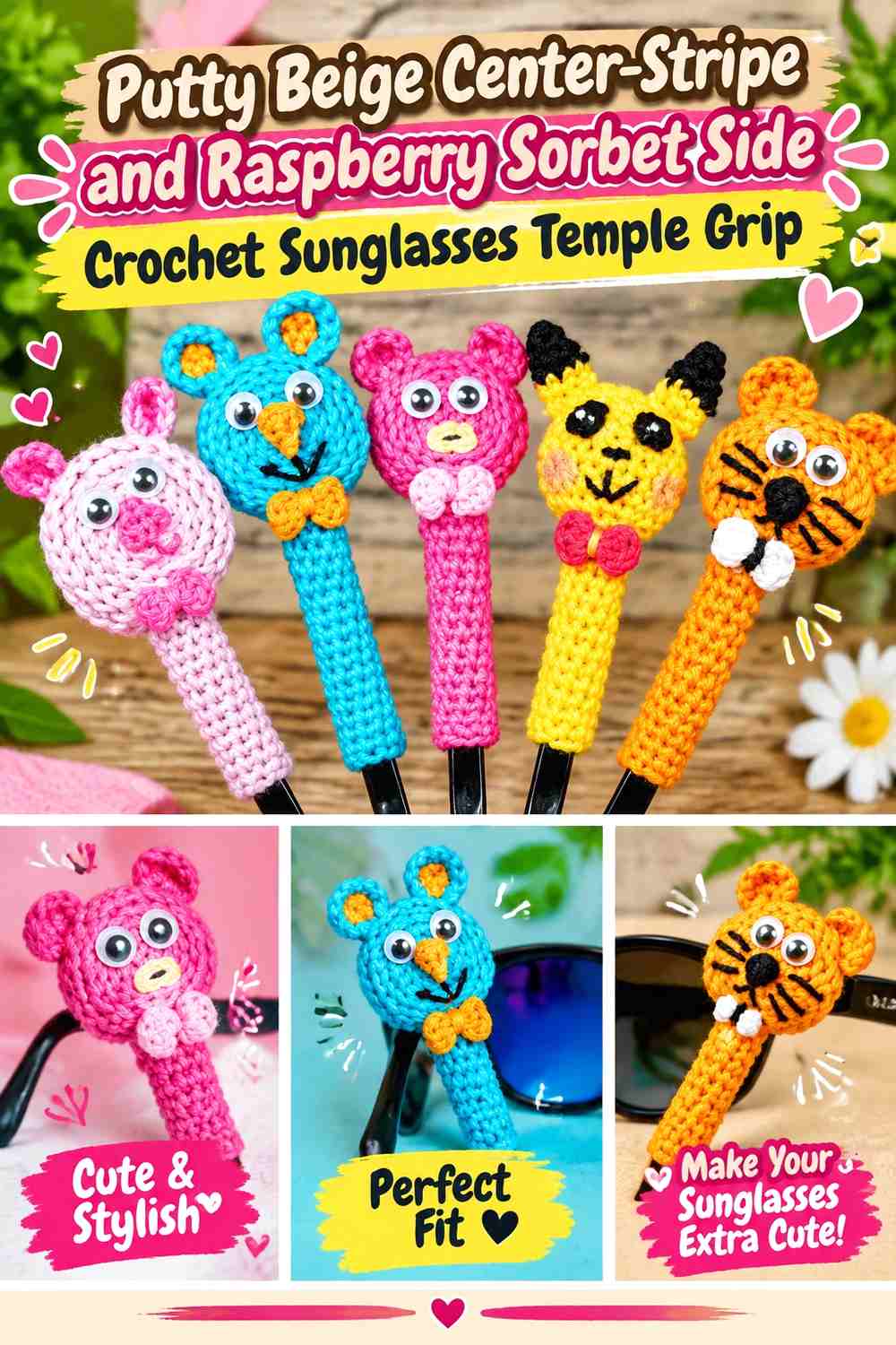 Putty Beige Center Stripe and Raspberry Sorbet Side Crochet Sunglasses Temple Grip
