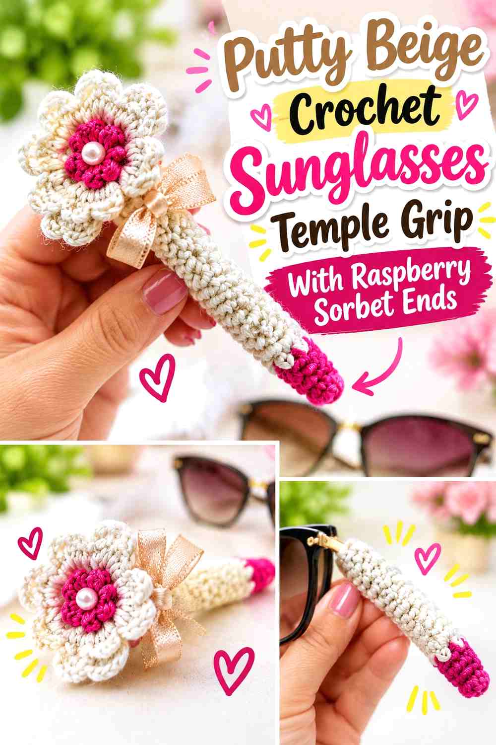 Putty Beige Crochet Sunglasses Temple Grip With Raspberry Sorbet Ends