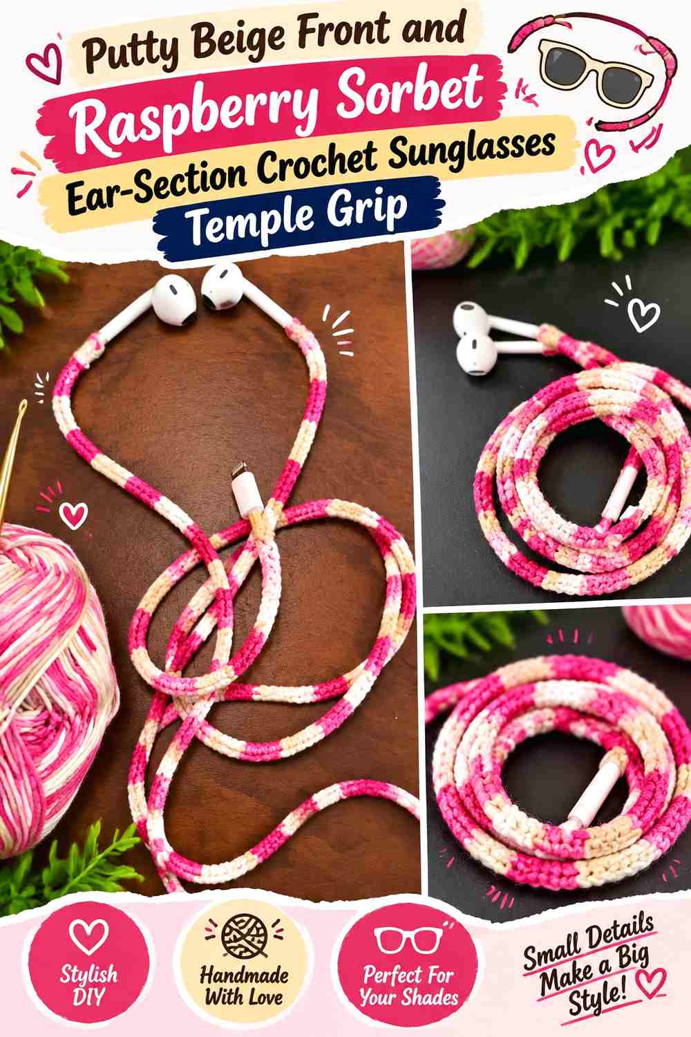 Putty Beige Front and Raspberry Sorbet Ear Section Crochet Sunglasses Temple Grip