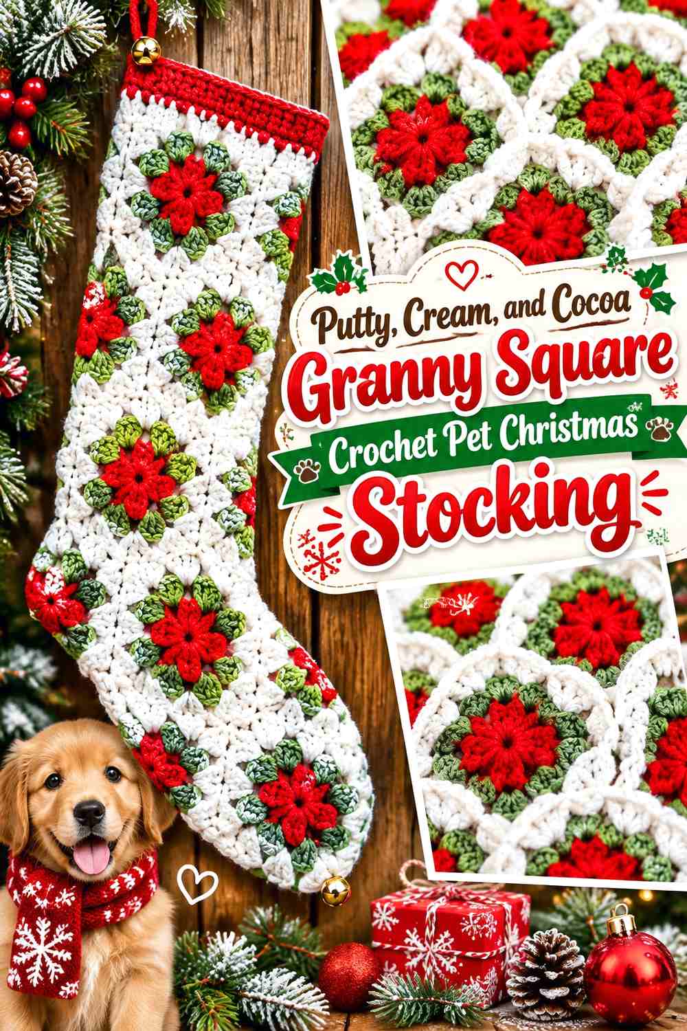 Putty, Cream, and Cocoa Granny Square Crochet Pet Christmas Stocking