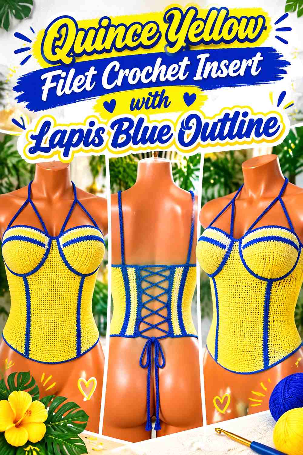 Quince Yellow Filet Crochet Insert with Lapis Blue Outline
