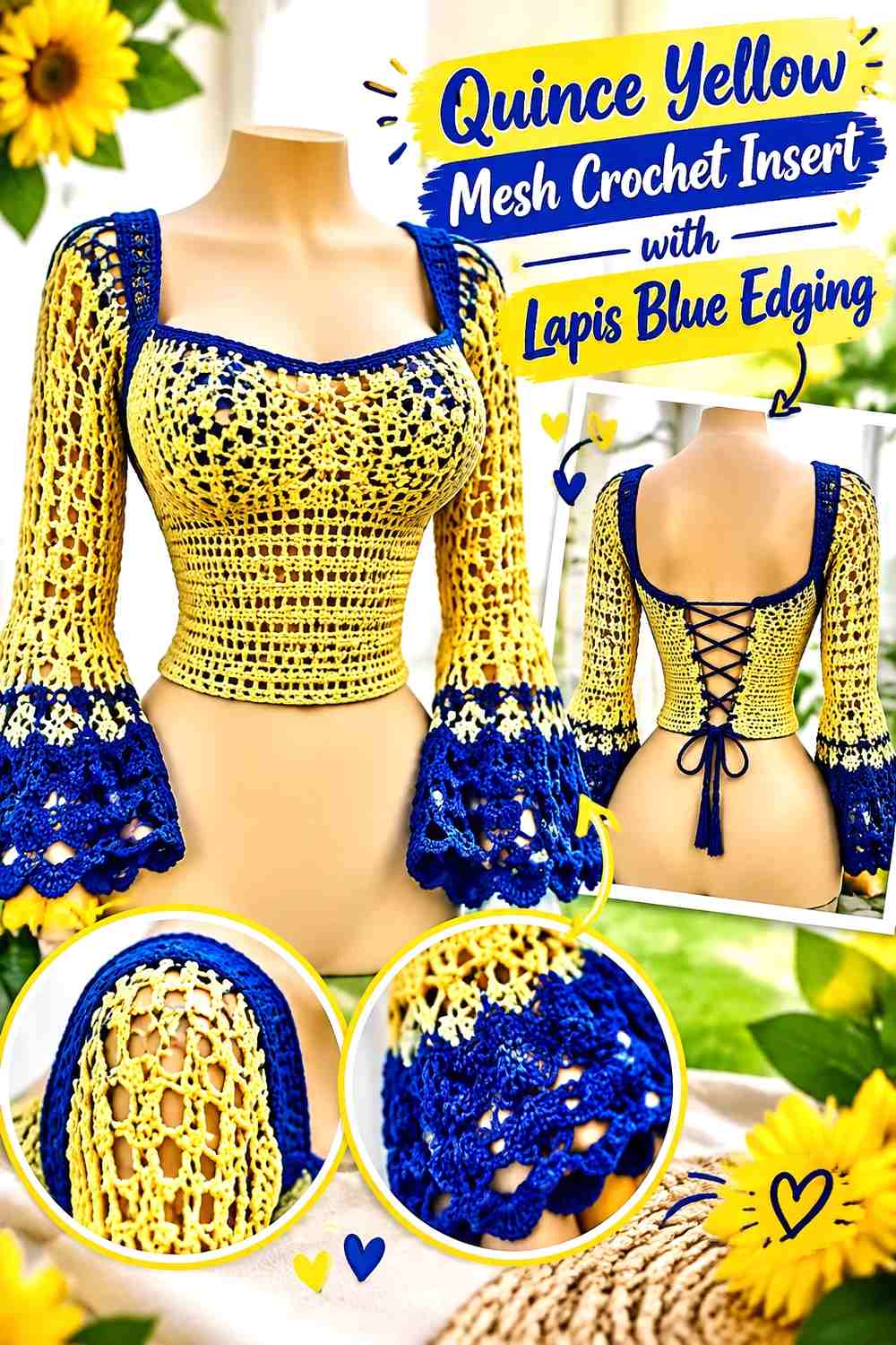 Quince Yellow Mesh Crochet Insert with Lapis Blue Edging