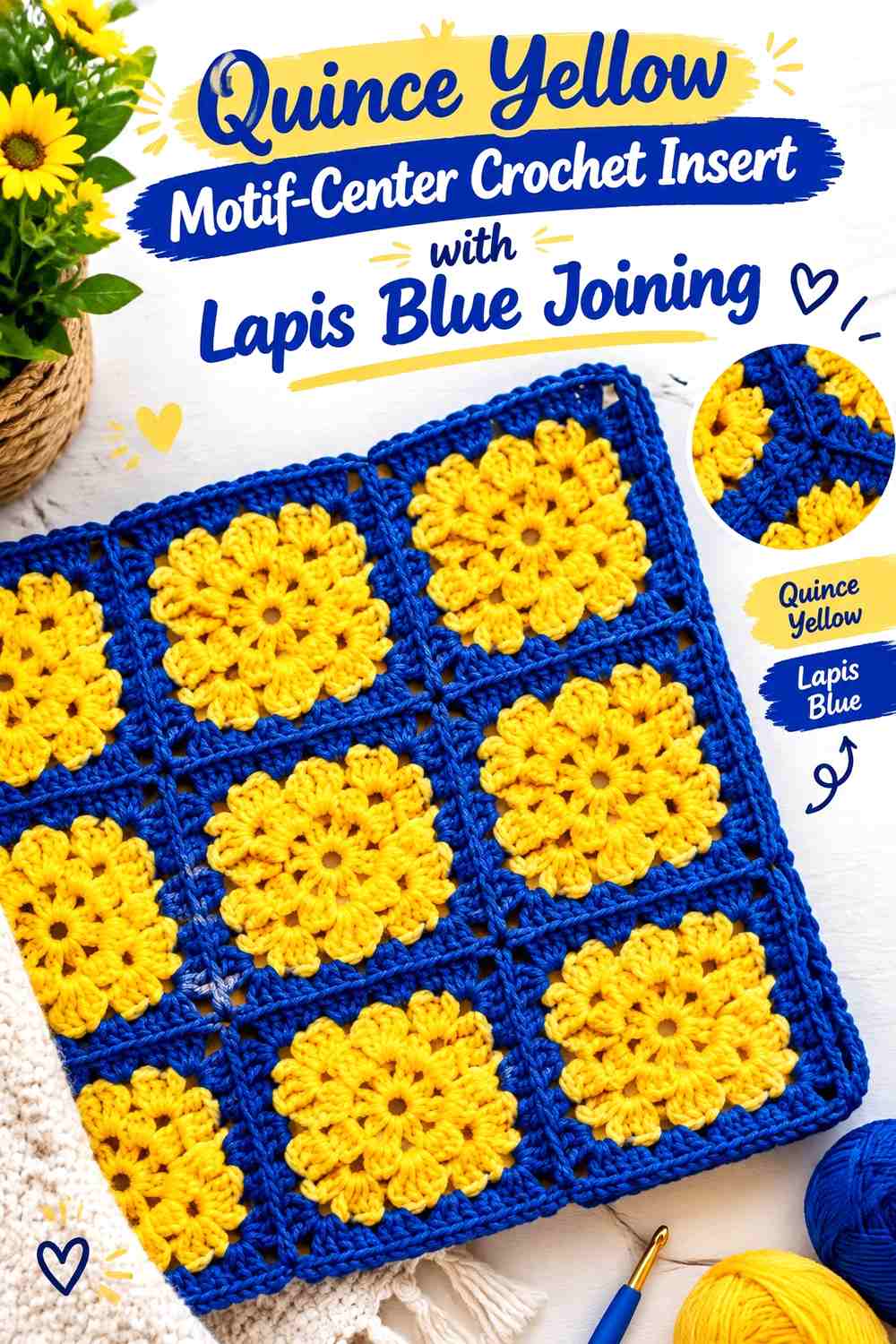Quince Yellow Motif-Center Crochet Insert with Lapis Blue Joining