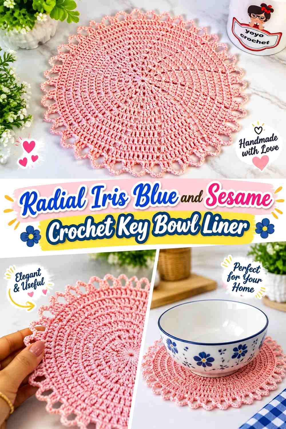 Radial Iris Blue and Sesame Crochet Key Bowl Liner