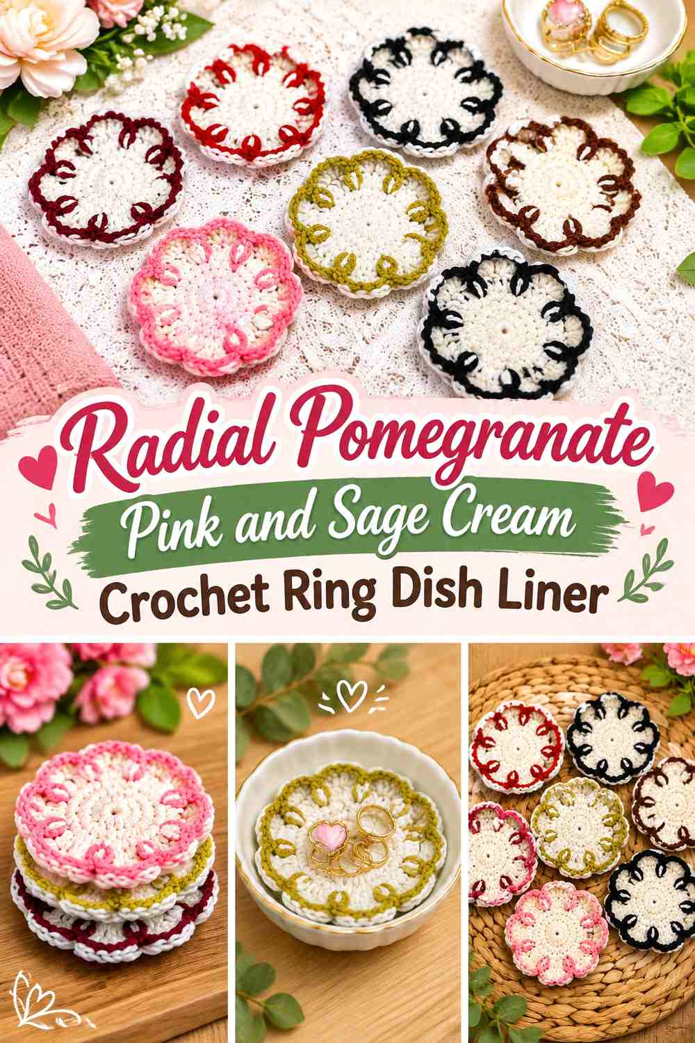 Radial Pomegranate Pink and Sage Cream Crochet Ring Dish Liner