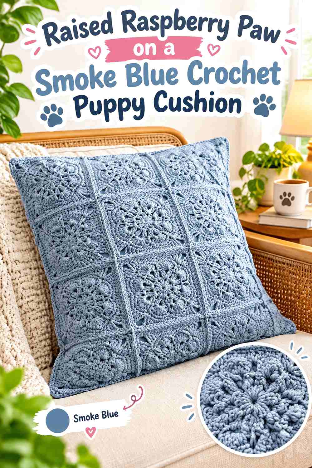 Raised Raspberry Paw on a Smoke Blue Crochet Puppy Cushion